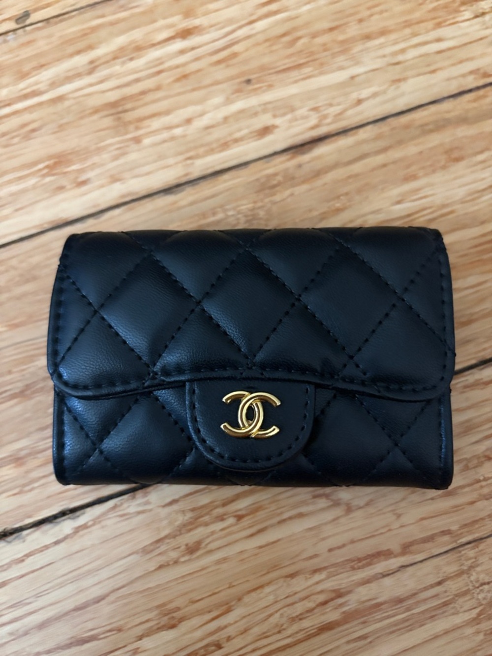 Quilted Black Leather Compact Wallet with Gold CC Hardware
